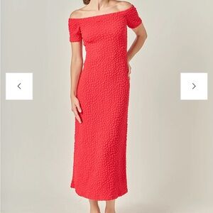 English Factory Textured Red Off-Shoulder Midi Dress
